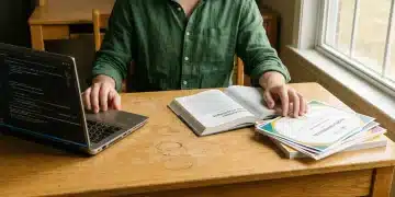 A person engaging with multiple educational tools, including a laptop, textbook, and micro-credential certificates on an oak desk, symbolizing diverse learning paradigms and modern educational pathways.