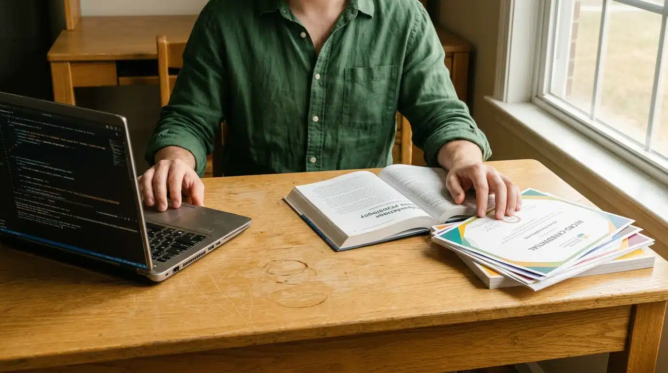 A person engaging with multiple educational tools, including a laptop, textbook, and micro-credential certificates on an oak desk, symbolizing diverse learning paradigms and modern educational pathways.
