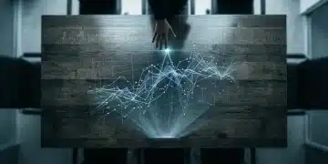 An overhead view of a weathered dark oak conference table with a holographic 3D econometric model projected onto its surface, depicting intersecting lines and fluctuating data points. The scene emphasizes data analysis and the quantification of global event impacts.
