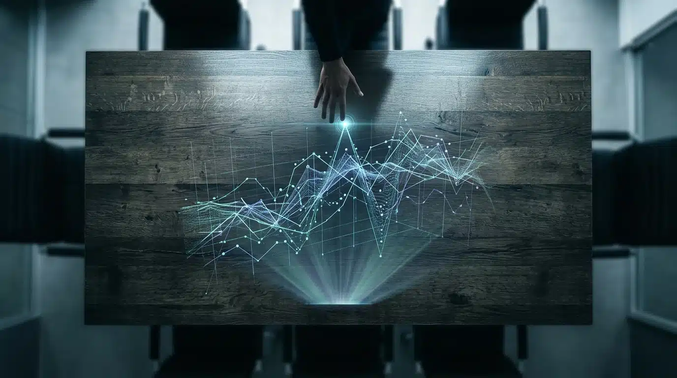 An overhead view of a weathered dark oak conference table with a holographic 3D econometric model projected onto its surface, depicting intersecting lines and fluctuating data points. The scene emphasizes data analysis and the quantification of global event impacts.