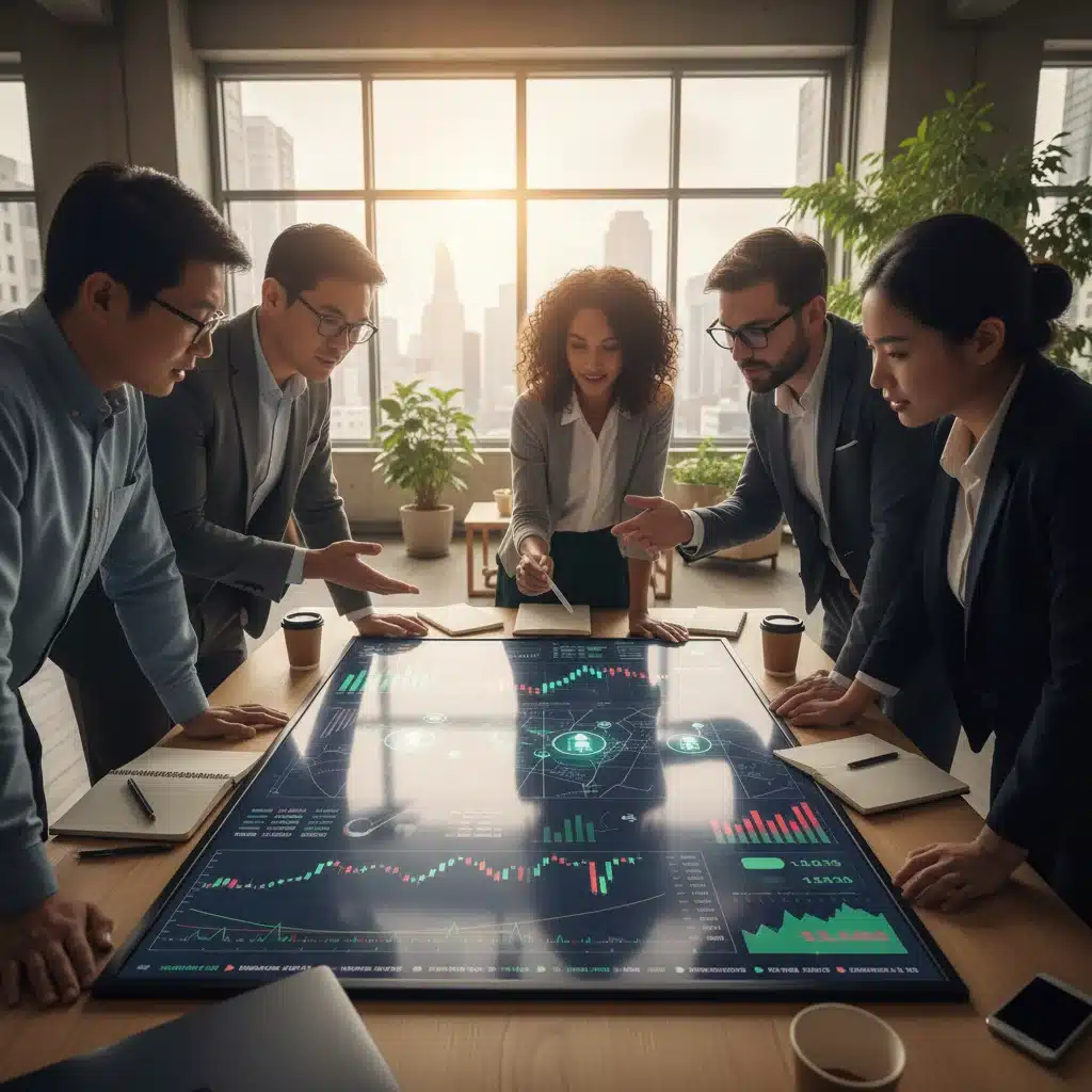 Diverse investors analyzing real estate market data on a digital tablet.