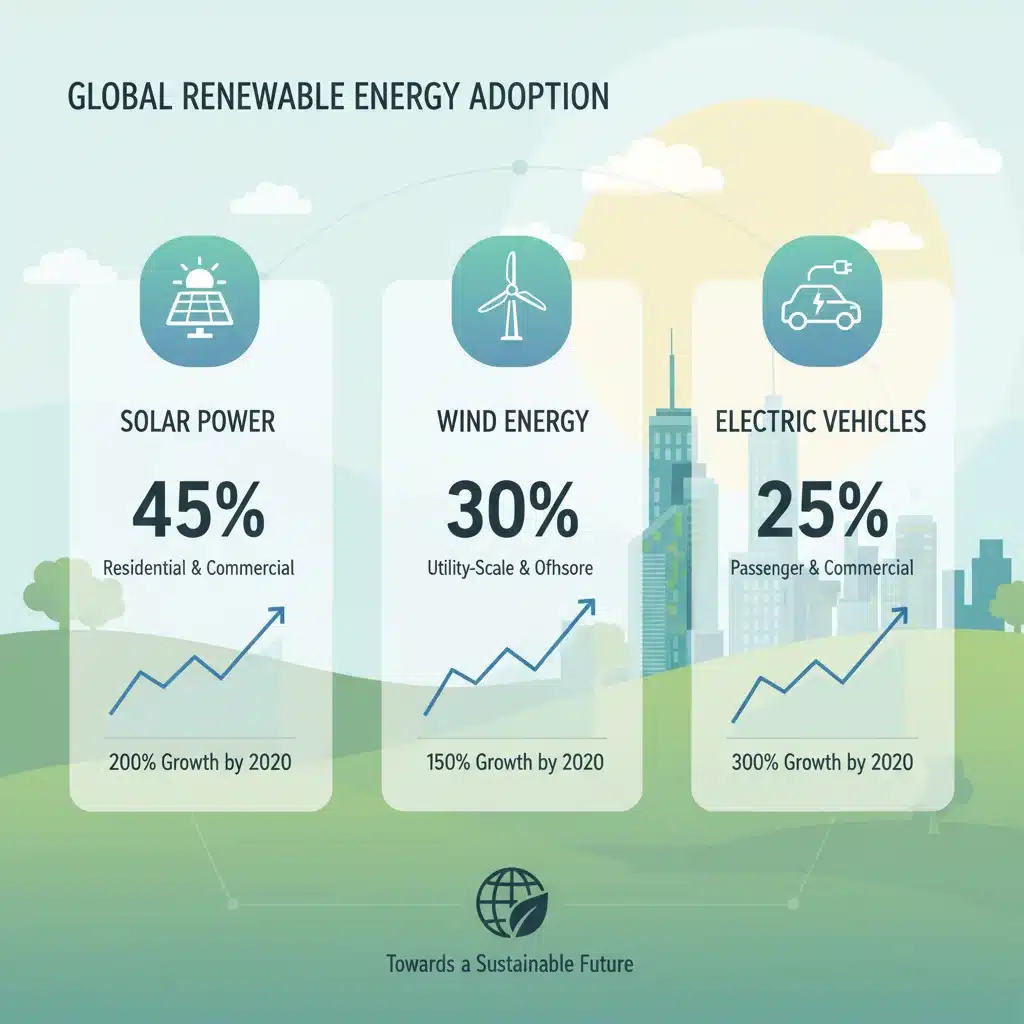 Infographic displaying renewable energy adoption rates and growth projections, emphasizing sustainability.