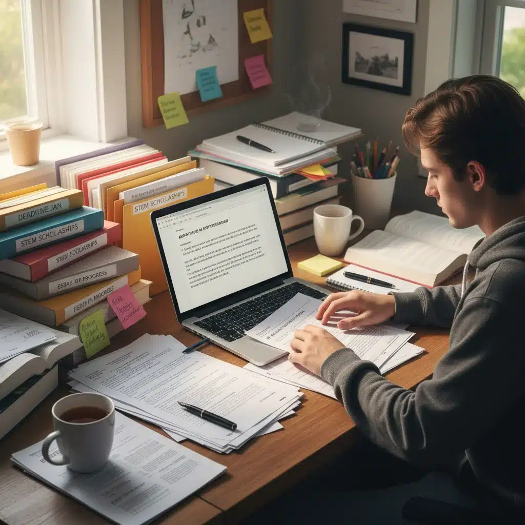 Student preparing academic scholarship application documents