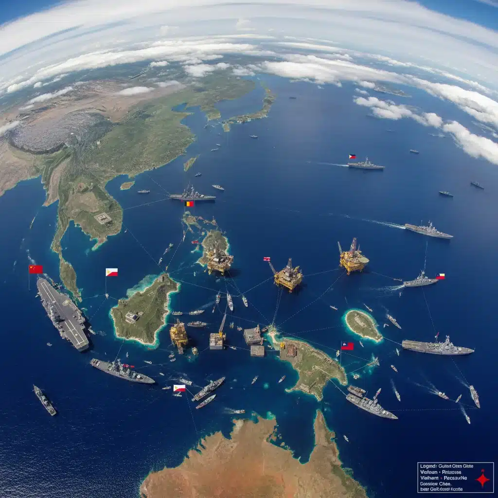 Naval vessels and oil rigs in the South China Sea, depicting territorial disputes.