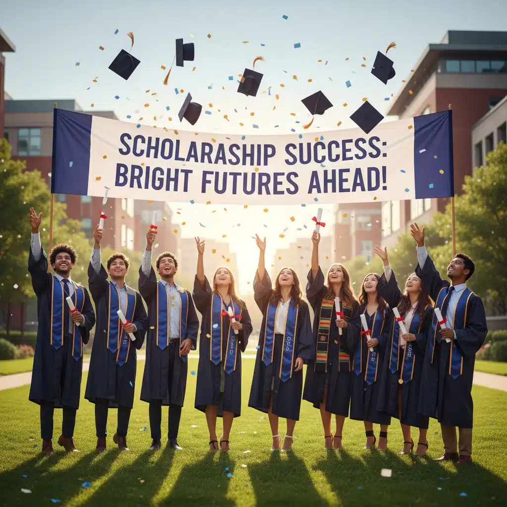 Diverse students celebrating academic success and scholarship awards