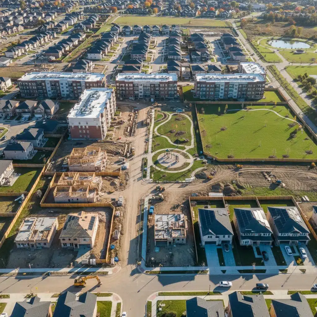 Aerial view of a new sustainable suburban residential development.