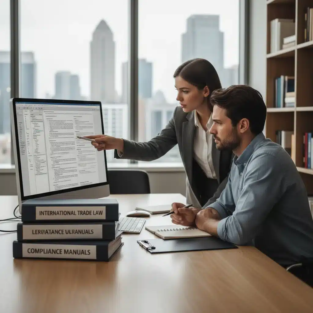 Legal consultant explaining complex trade regulations and compliance strategies to a small business owner.