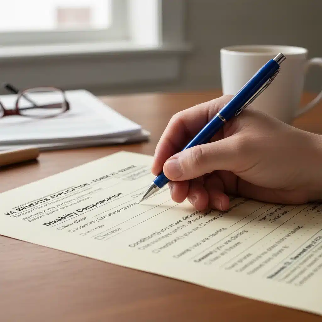 Hand filling out VA disability benefits application form