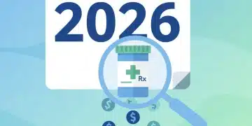 Illustration of 2026 calendar with prescription bottle and dollar signs, representing Medicare Part D savings.