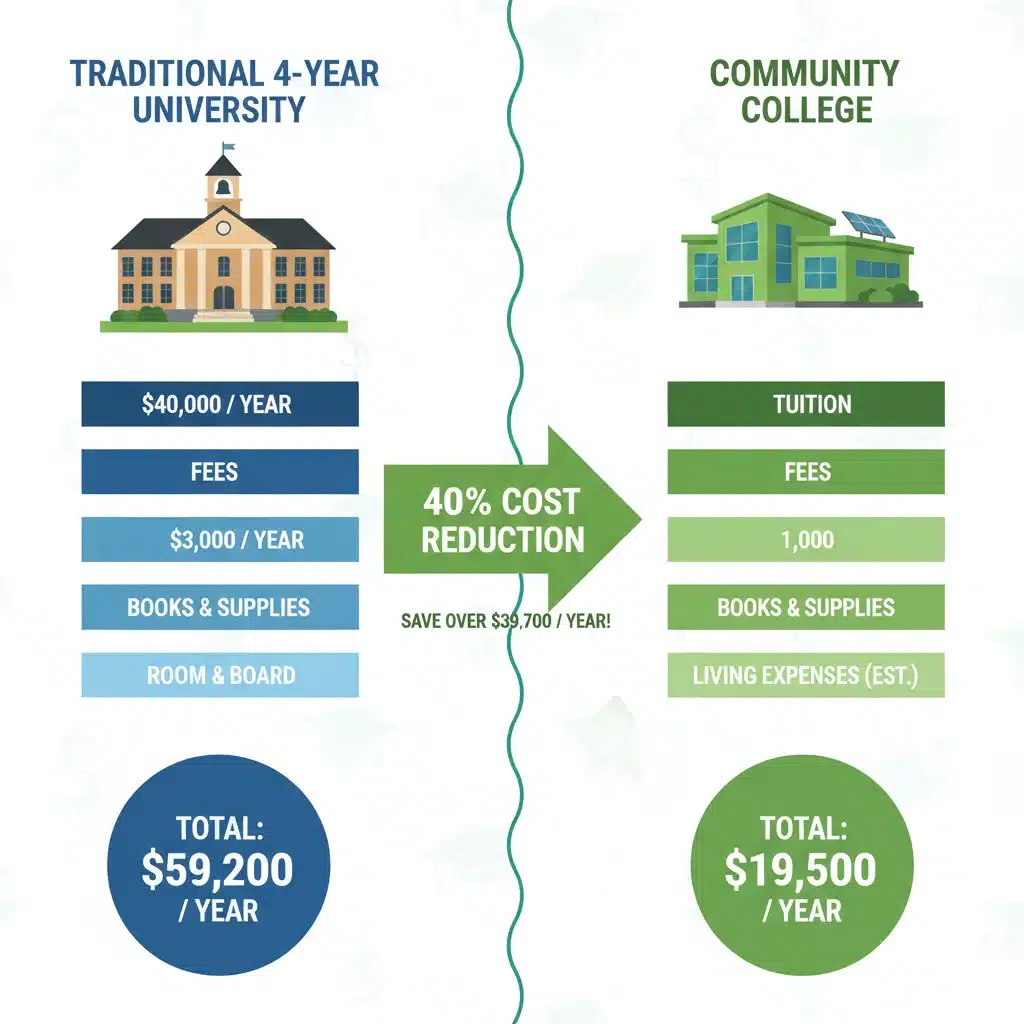 Infographic comparing college costs: university vs. community college, highlighting significant savings.