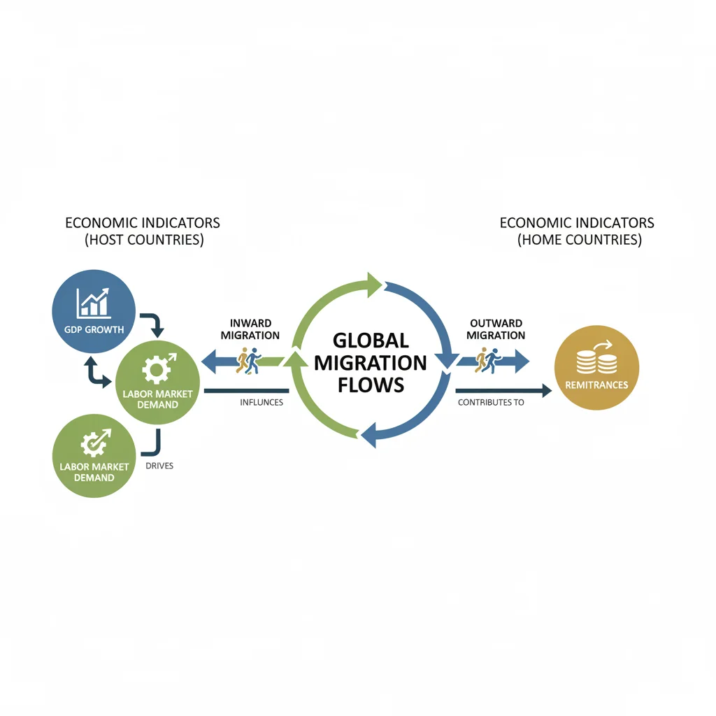 Economic indicators graphic showing GDP, labor demand, and remittances linked to migration.