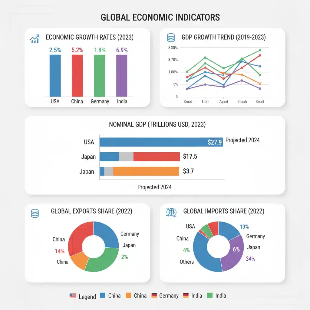 Infographic displaying economic indicators and trade data for leading nations