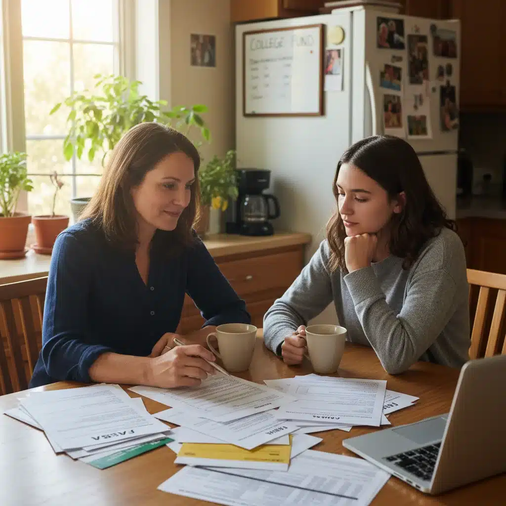 Parent and student reviewing financial documents for college aid planning.