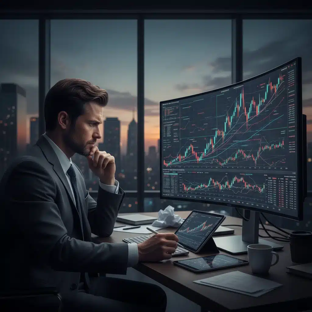 Person analyzing complex financial graphs, demonstrating detailed market analysis.