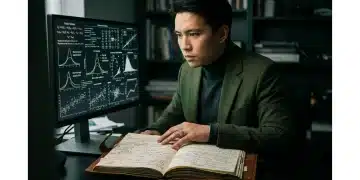 An advanced investor, in a dark green blazer, intensely studies a digital display showing complex financial data and non-normal distribution curves, with a leather journal open beside them, under dramatic chiaroscuro lighting.