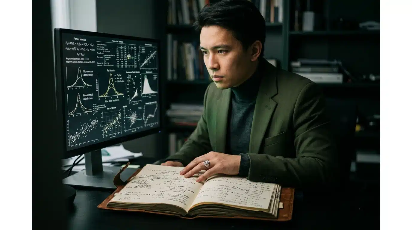 An advanced investor, in a dark green blazer, intensely studies a digital display showing complex financial data and non-normal distribution curves, with a leather journal open beside them, under dramatic chiaroscuro lighting.