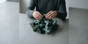 A person's hands adjusting interlocking dark green and teal geometric blocks on concrete, connected by a copper wire, illustrating global economic interconnectedness.