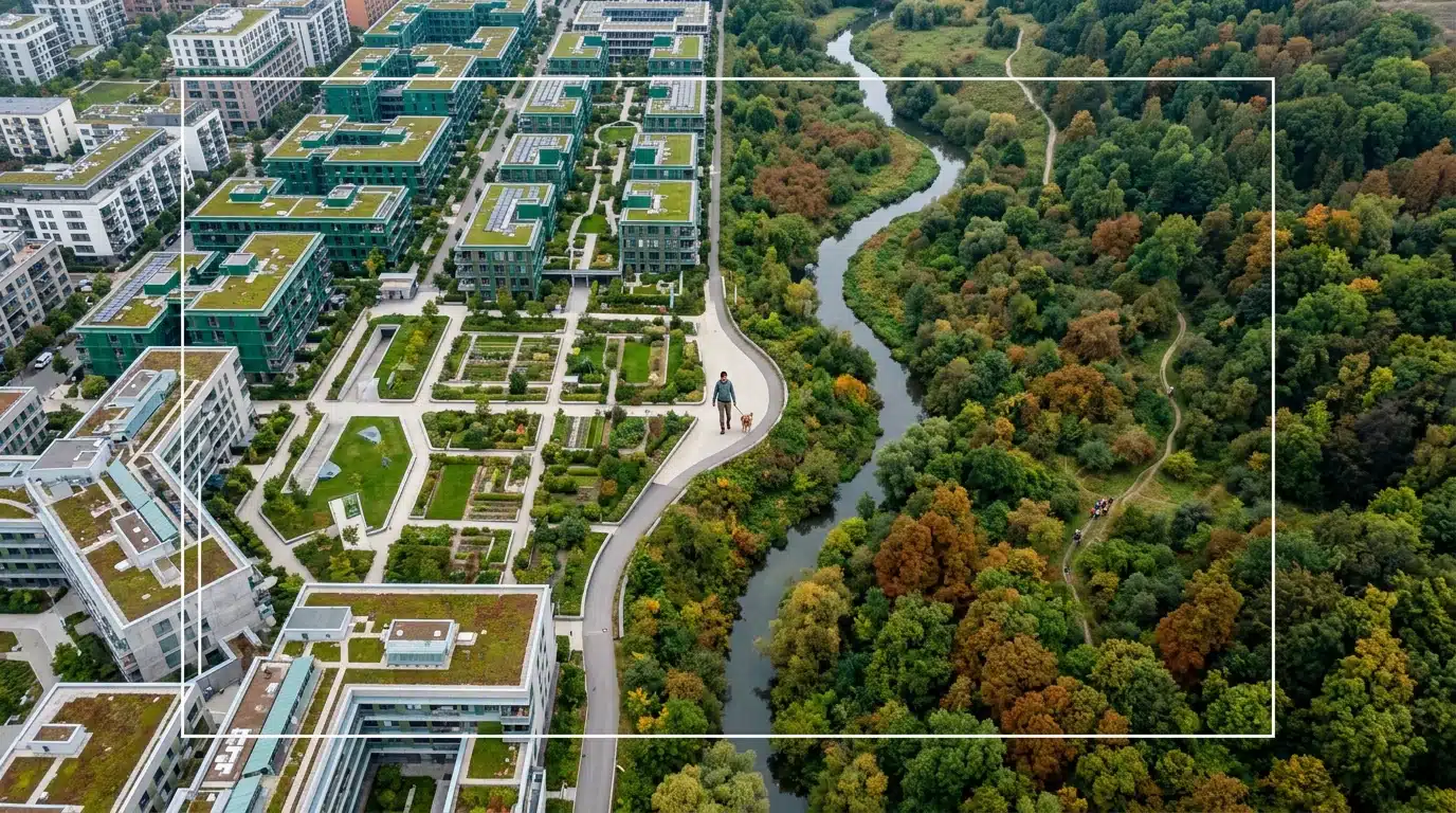 High aerial drone view of a vibrant green urban area blending into a natural park, with individuals in both settings, symbolizing the global shift to remote work and evolving work-life integration.