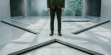 A person standing at the intersection of modern concrete pathways, illuminated by cool blue lights, with an abstract green network on a frosted glass wall in the background, symbolizing new financial aid routes for online courses.