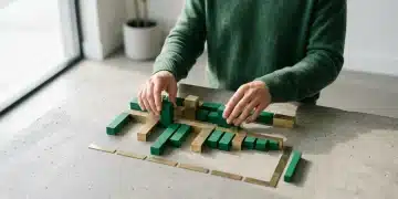 A person in a green sweater arranging geometric blocks representing financial planning on a concrete surface, illustrating complex retirement strategies.