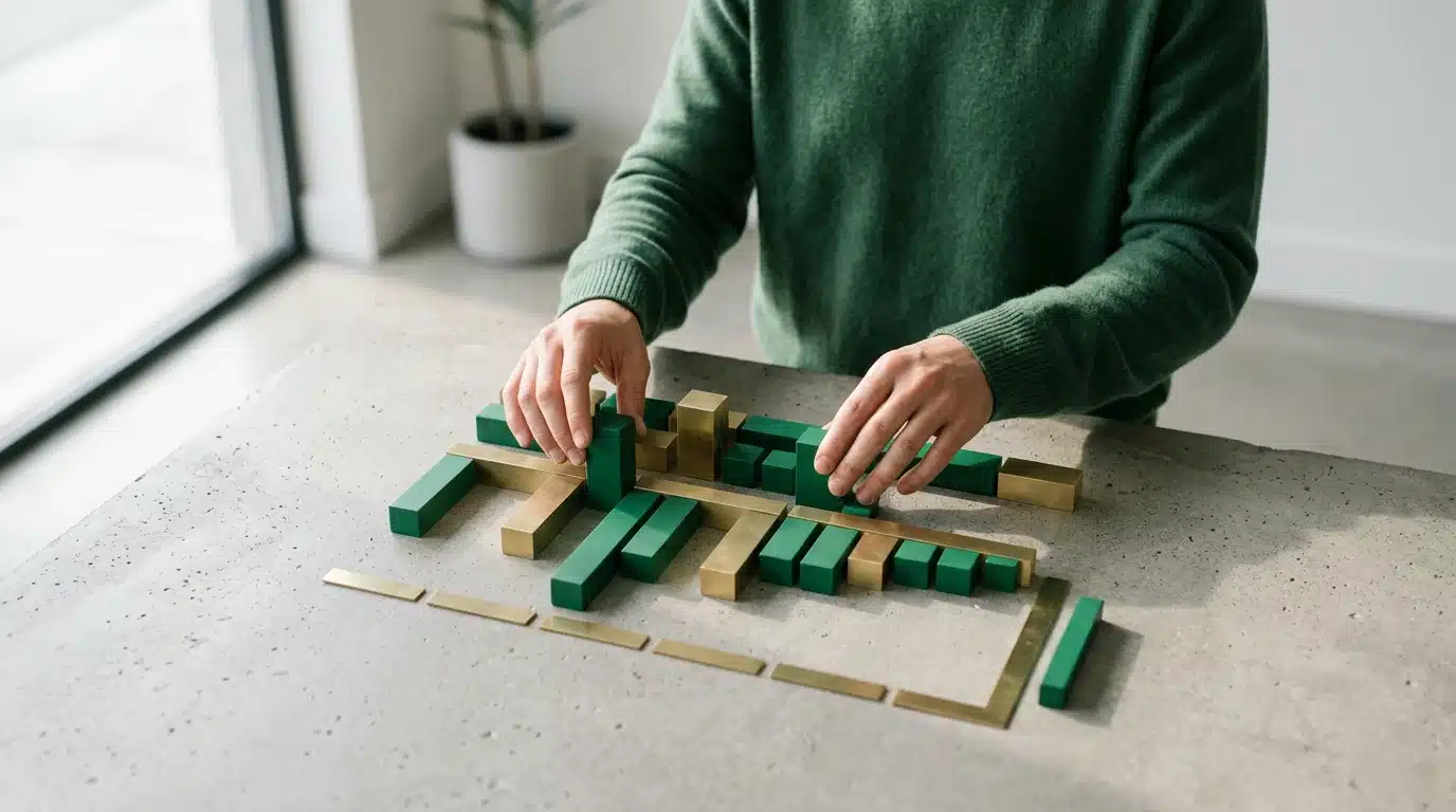 A person in a green sweater arranging geometric blocks representing financial planning on a concrete surface, illustrating complex retirement strategies.