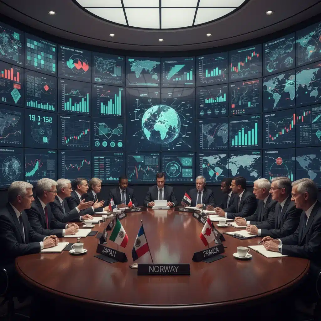 Diplomats negotiating complex international agreements amidst economic and geopolitical pressures.