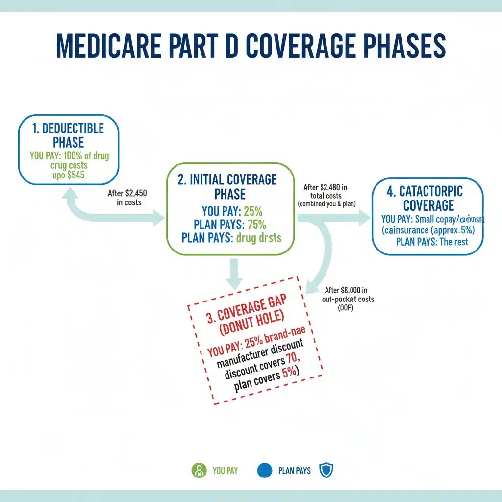 Infographic showing Medicare Part D coverage phases and associated costs.