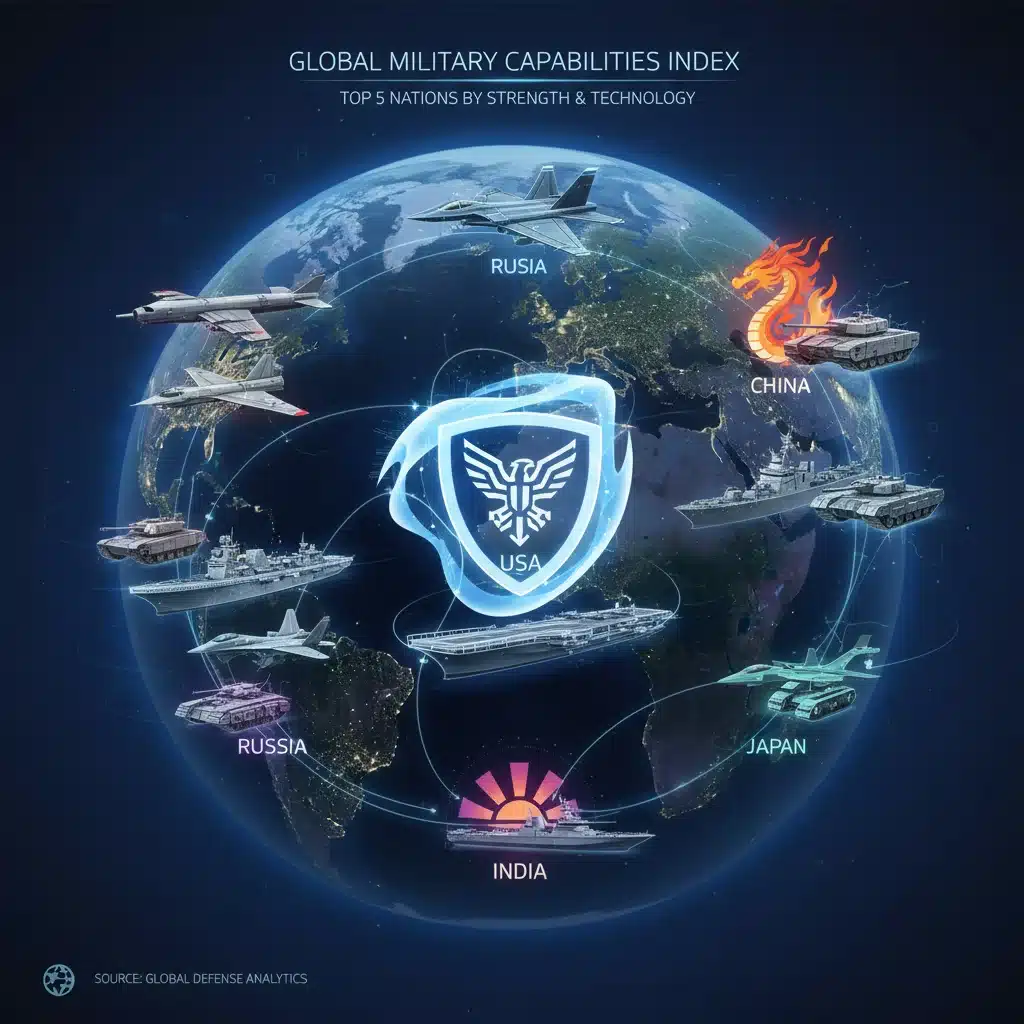 Abstract visual comparing military capabilities of major global powers
