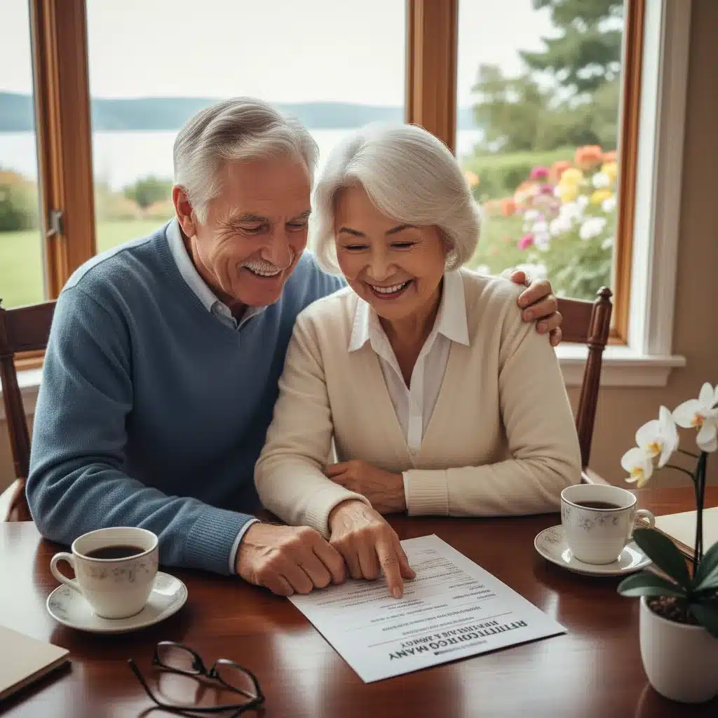 Happy couple reviewing retirement financial documents.