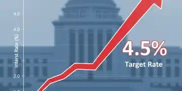 Financial chart showing rising interest rates towards 4.5% with Federal Reserve building background.