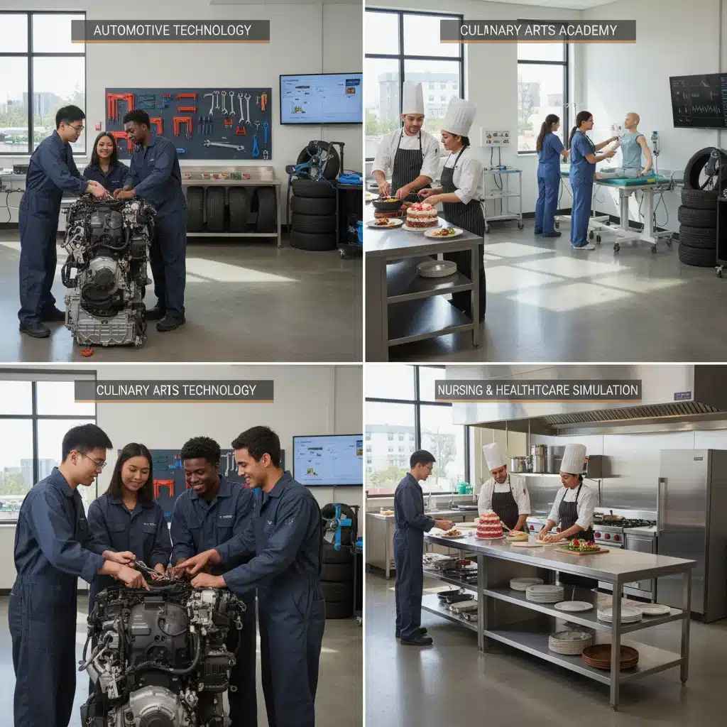 Students engaged in hands-on vocational training at a modern community college facility.